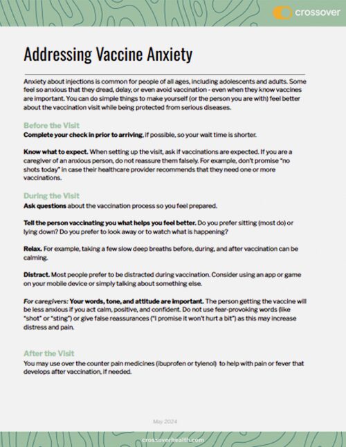 Thumbnail of downloadable handout for Addressing Vaccine Anxiety